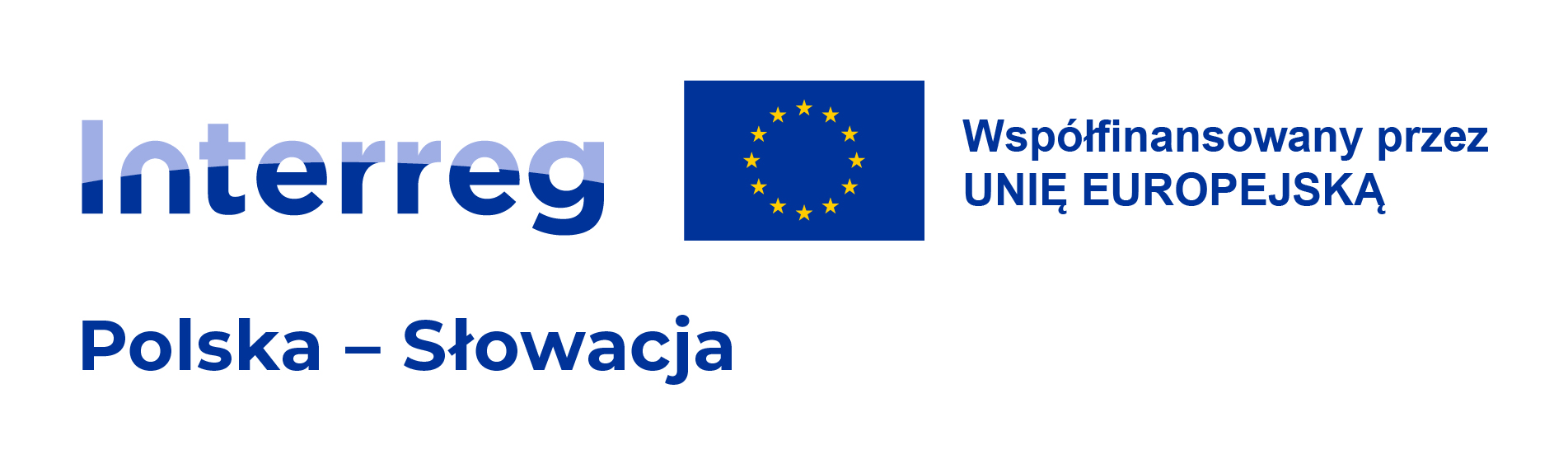 Na białym tle niebieski napis  Interreg Polska - Słowacja Współfinansowany przez Unię Europejską i flaga Unii Europejskiej