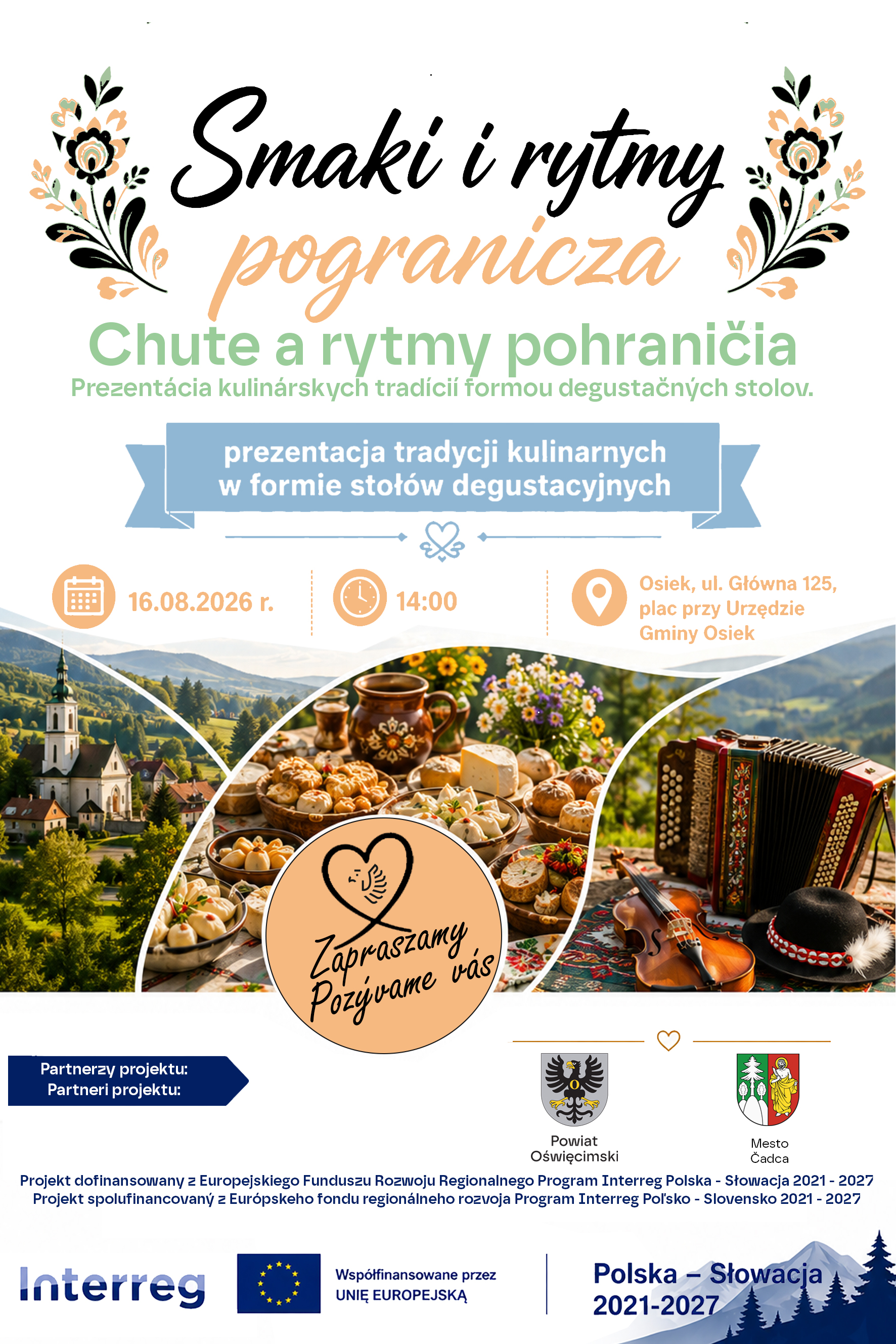 Grafika z tekstem zapraszającym do uczestnictwa w polsko-słowackim wydarzeniu kulinarnym w Osieku