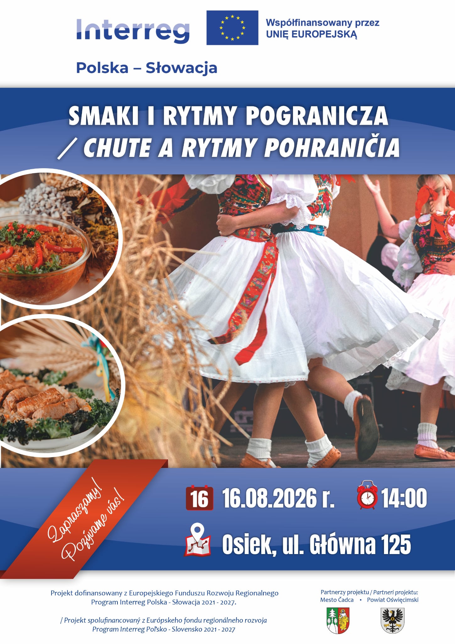 Grafika z tekstem zapraszającym do uczestnictwa w polsko-słowackim wydarzeniu kulinarnym w Osieku