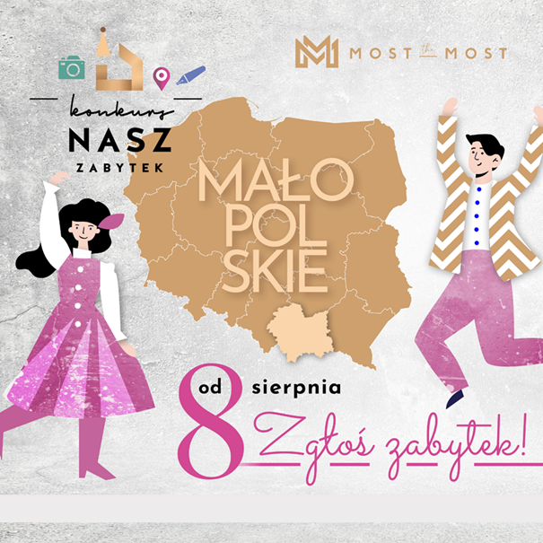 Na szarej grafice dwoje postaci w strojach ludowych, a pośrodku mapa Polski z wpisanym słowem "Małopolskie" oraz napisy: Konkurs "Nasz Zabytek","Od 8 sierpnia zgłość zabytek" 
