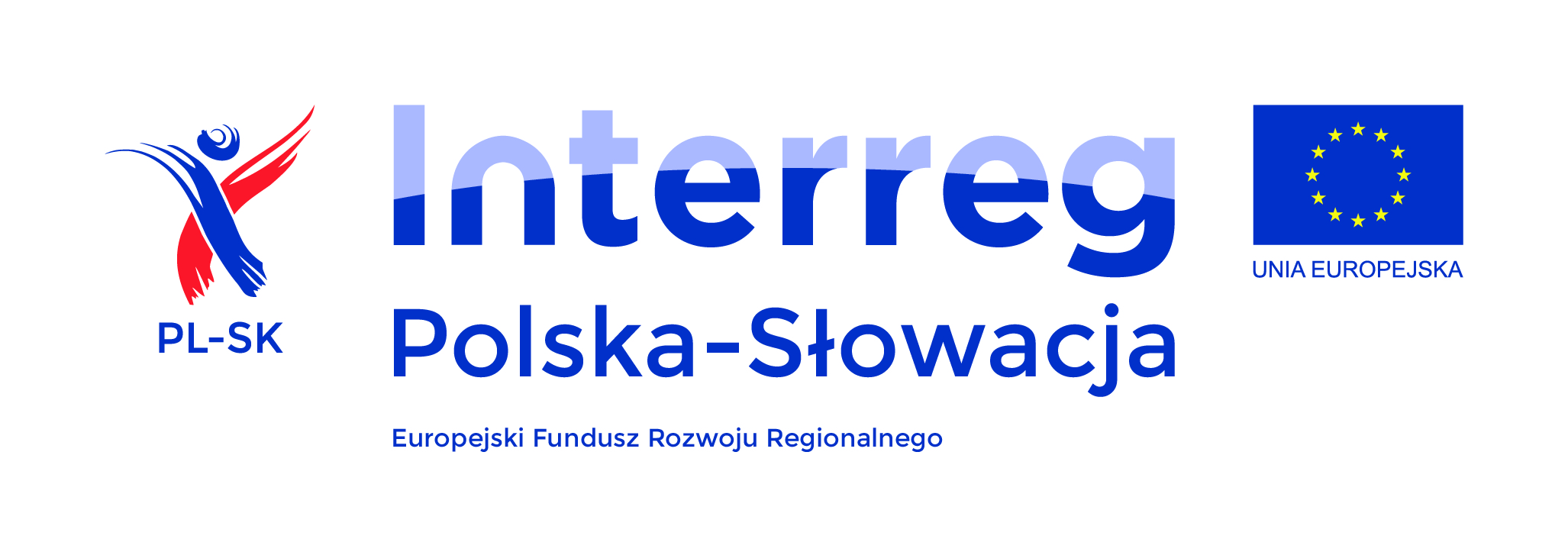 Na białym tle napisy pośrodku Interreg Polska-Słowacja, a z lewej strony logo z napisem PL-SK, zaś z prawej flaga Unii Europejskiej.