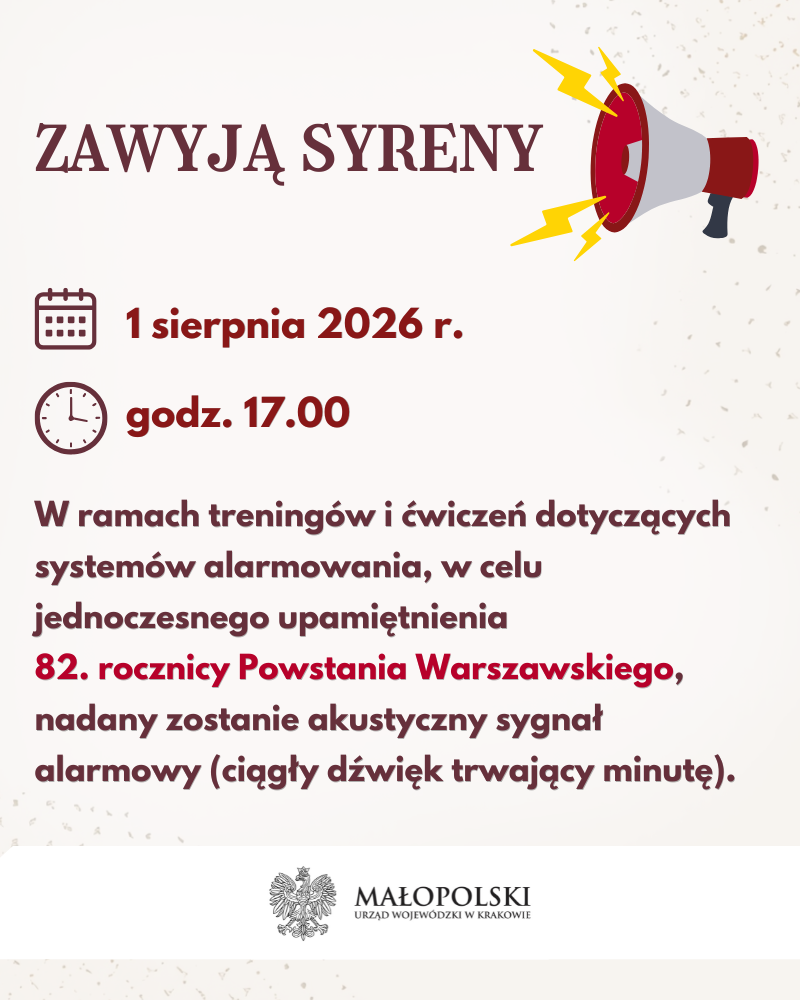 Grafika z informacją o użyciu syren w rocznicę wybuchu Powstania Warszawskiego
