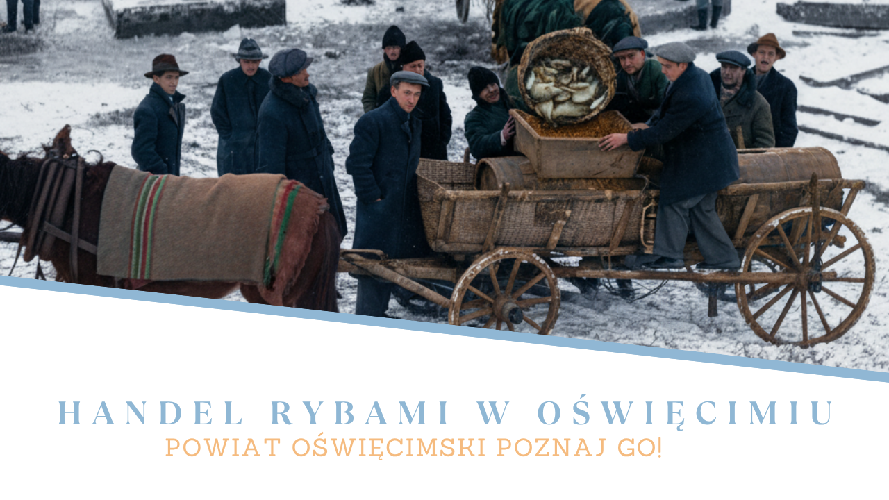 Grafika z archiwalnym zdjęciem, na którym widać grupę handlujących rybami pod oświęcimskim zamkiem