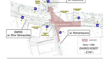 Obraz główny aktualności o tytule Utrudnienia w ruchu w Brzeszczach. Ruszyła budowa ronda na drodze wojewódzkiej 